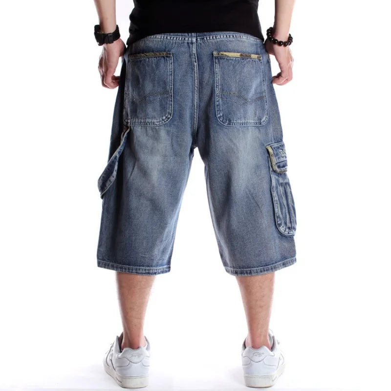 2025 Multiple pockets Mens Plus Size Loose Baggy Denim Shorts Fashion Streetwear Hip Hop Skateboard Cargo Jeans Short for Male