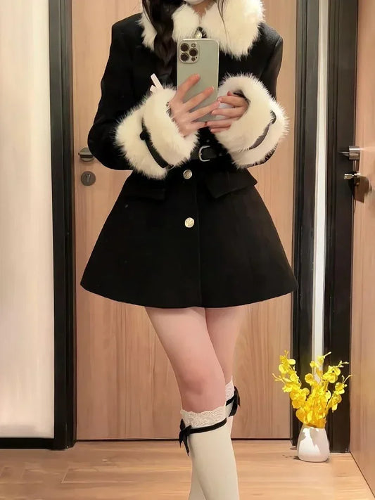 2024 Winter Korean Fashion Jacket Coat Women Outwear Wool Elegant Slim Dress Coat Office Lady Warm Fur Thick Long Sleeve Blends