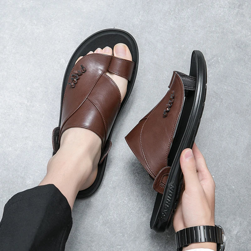 Summer Business Men's Leather Sandals Soft Comfortable Non-Slip Slippers Flip Flops Formal Outdoor Beach Shoes Platform Casual