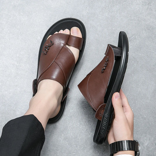Summer Business Men's Leather Sandals Soft Comfortable Non-Slip Slippers Flip Flops Formal Outdoor Beach Shoes Platform Casual