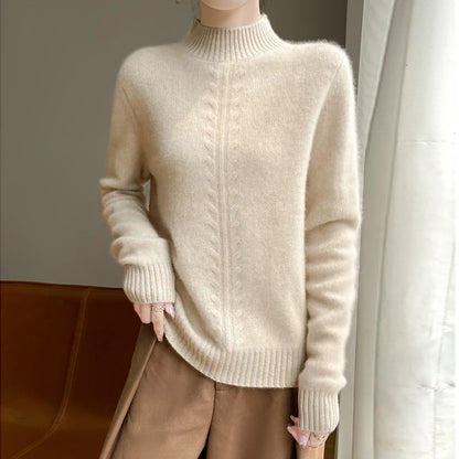 2025 Hemp Pattern Half Turtleneck Women's Woolen Sweater Autumn and Winter Warm 100% Wool Sweater Pure Color Comfort Pullover