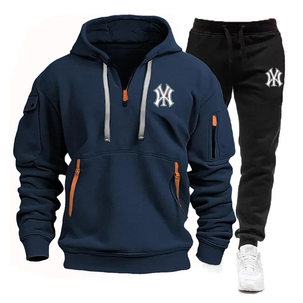 Spring et automne 2025 Sweat à capuche à fermeture éclair multi-poche pour hommes, ensemble de pantalons de survêtement en 2 pièces, vêtements de sport de fitness décontractés