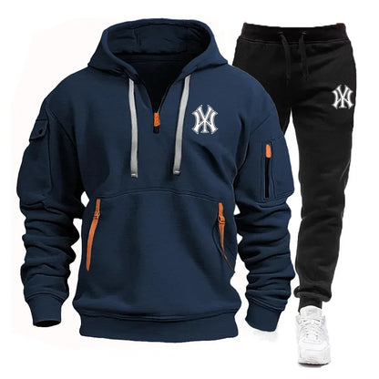 Spring et automne 2025 Sweat à capuche à fermeture éclair multi-poche pour hommes, ensemble de pantalons de survêtement en 2 pièces, vêtements de sport de fitness décontractés