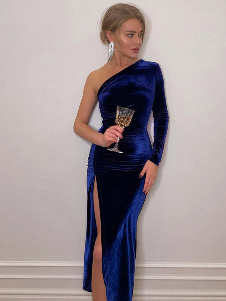 Frauen eleganter Langarm Party Abend Samt Bodycon Split Bleistift Midi Kleider Frühling Herbstkleidung