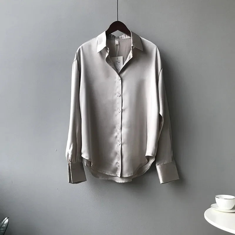 Spring Fashion Button Up Satin Seidenhemd Vintage Bluse Frauen weiße Tops Lady Long Sleeves weibliche losen Straßenhemden 11355