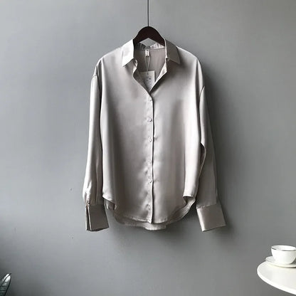 Spring Fashion Button Up Satin Seidenhemd Vintage Bluse Frauen weiße Tops Lady Long Sleeves weibliche losen Straßenhemden 11355