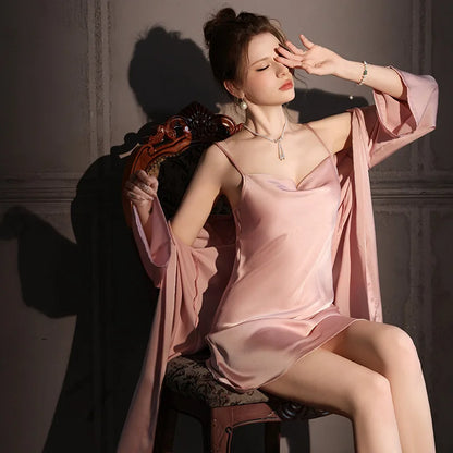 High Quality Classic Solid Nightgowns Women Summer Sexy Nightdress Elastic Satin Pajamas Female Ice Silk 2pcs Suit Nightwear ﻿