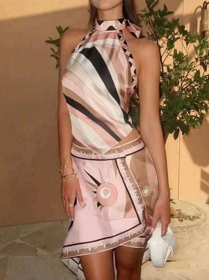 Skriv ut oregelbundna kvinnors korta kjoldräkter halter spetsar upp backless ärmlös tank topp hög midja set sommar lady strand kläder