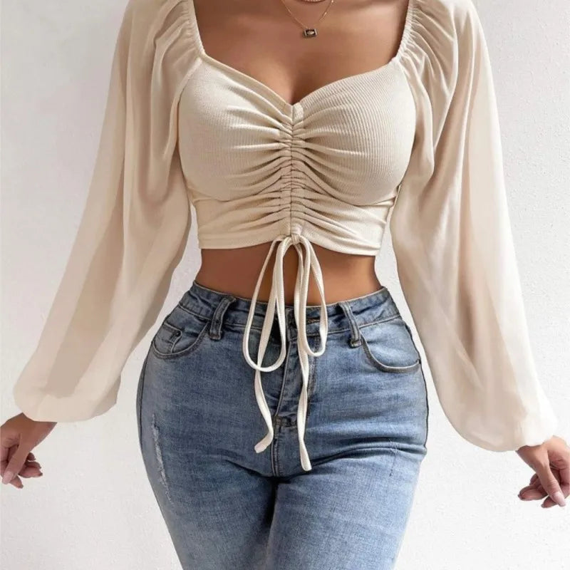 2024 Spring Summer New Sexy V-neck Chiffon Drawstring Lantern Sleeve Tight Fashion Sexy Short Style Waist Long Sleeve Shirt Top