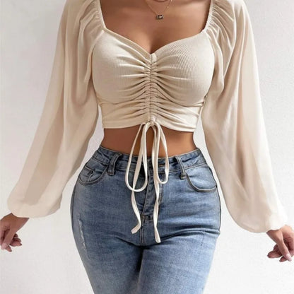2024 Spring Summer New Sexy V-neck Chiffon Drawstring Lantern Sleeve Tight Fashion Sexy Short Style Waist Long Sleeve Shirt Top