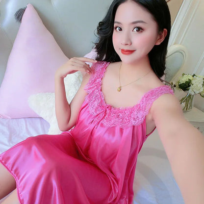 Summer Women Nightgown New Brides Wedding Lace Sexy Ice Silk Nightdress Loose Large Size Simulation Silk Nightgown Home Service