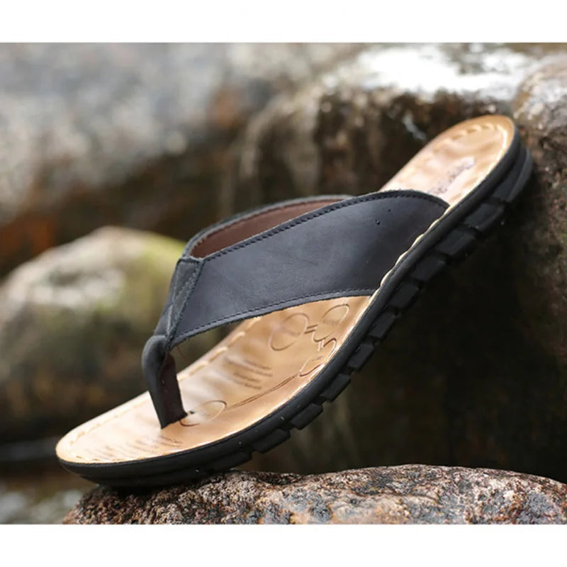 Summer Shoes Men Slippers Genuine Leather Mens Flip Flops Flat Mens Sandals Holiday Non-slip Black Khaki A673