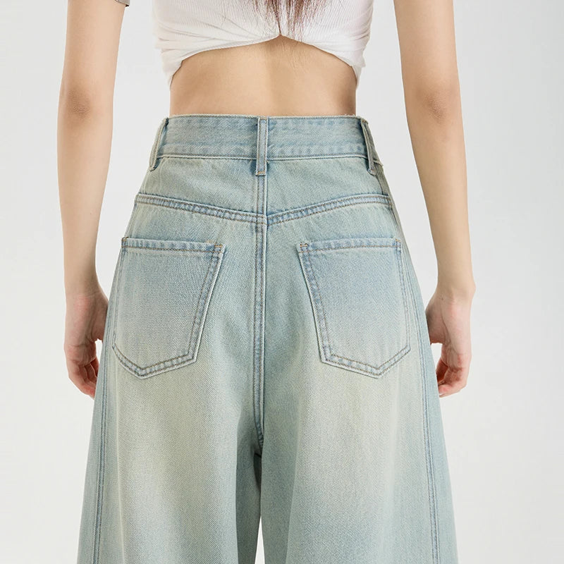 Summer Lyocell Thin Woman Jeans High Waist Wide Leg Denim Clothing Design Sense Comfort Straight Pant Retro Blue Casual Trousers