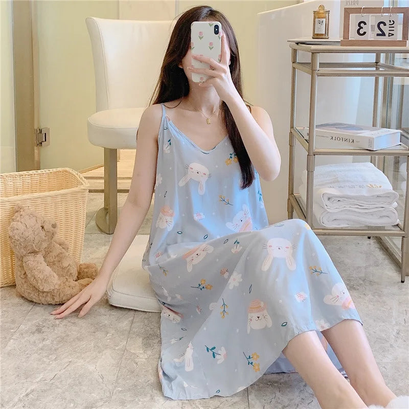 Abito da notte in cotone sottile sciolto da donna stampa stampa abbigliamento da sonno letto permanente per abito da notte carino indossare abiti da casa