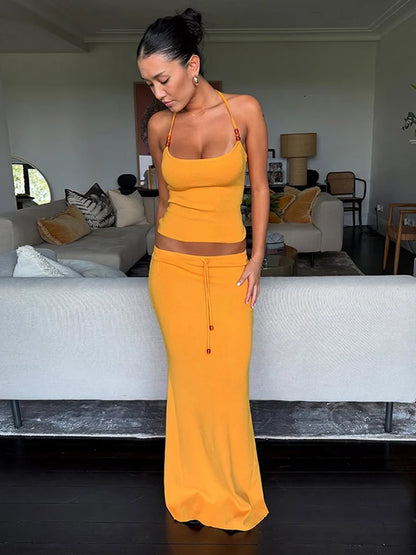 Sisterlinda Simple Summer Matching In Sets Classic Solid Bandage Halter Backless Tanks+Maxi Skirts Female Basic High Street Suit