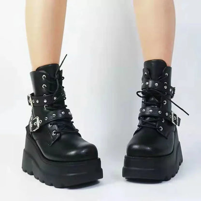 Nieuwe dames pu lederen enkelschoenen vrouwen herfst winterronde teen veterschoenen vrouw motorfiets platform bota's gotische schoenen