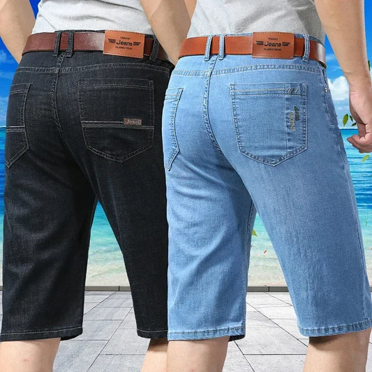 New Summer Men's Denim Shorts Fashion Light Color Casual Loose Multi-pocket Straight Five-minute Pants Elastic Knee Shorts