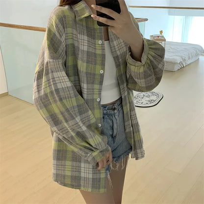 Koszula w kratę Kobiety jesienne długie rękawie Top żeńska moda moda pojedyncza piersi panie w stylu Preppy Style luźne koszule