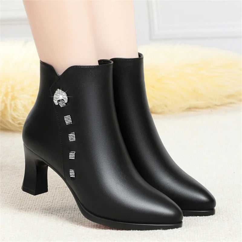 New Autumn Winter Soft Leather Rhinestones Cotton Shoes Woman Fashion Pointed Toe Elegant Comfortable High Heel Boots