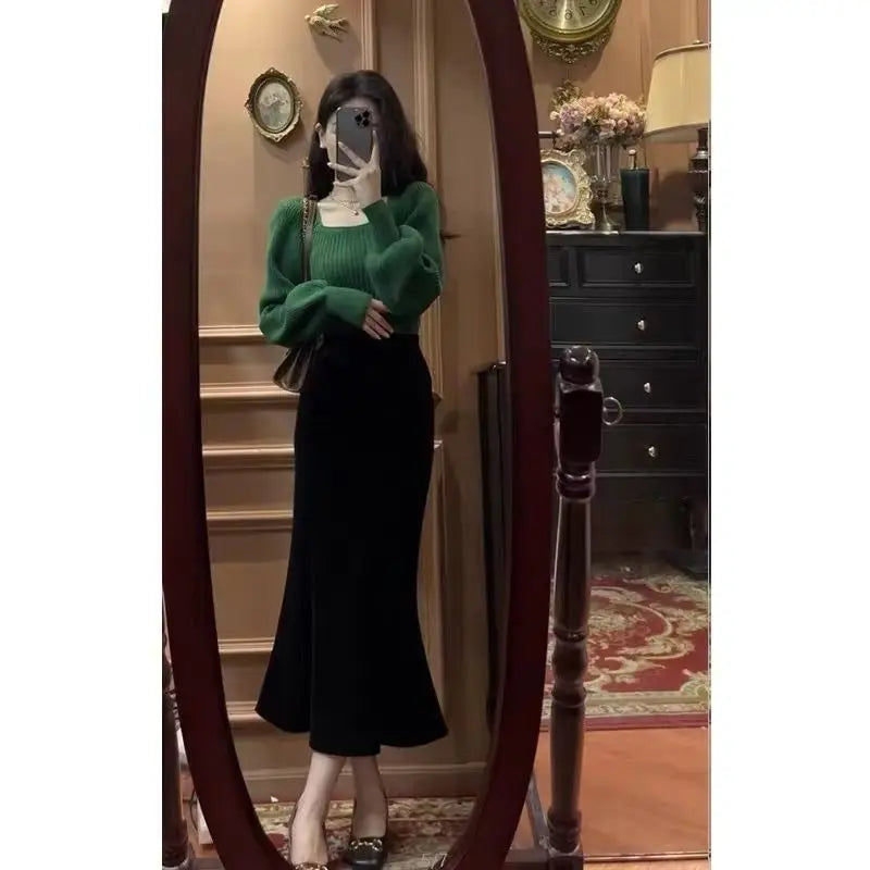 Autumn Square Collar Warm Sweaters Fashion Korean Solid Loose Knit Jumper Elegant Long Sleeve All Match Pullover Sweater M53