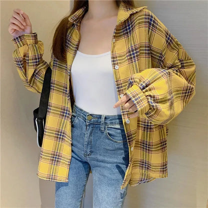 Koszula w kratę Kobiety jesienne długie rękawie Top żeńska moda moda pojedyncza piersi panie w stylu Preppy Style luźne koszule