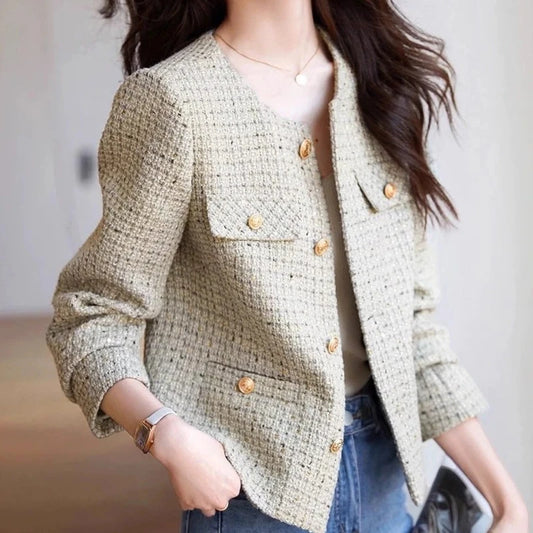 Splicing New In Women's Wool & Blends Coat Round Neck Korean Style Clothing Ladies Jackets Elegant Hot High Quality Luxury Cheap