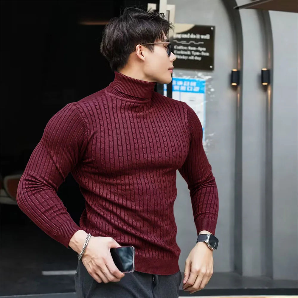Nya mäns Turtleneck -tröjor Höststickad randig streetwear varm långärmad pullover fast färg Basic Style Casual Tops
