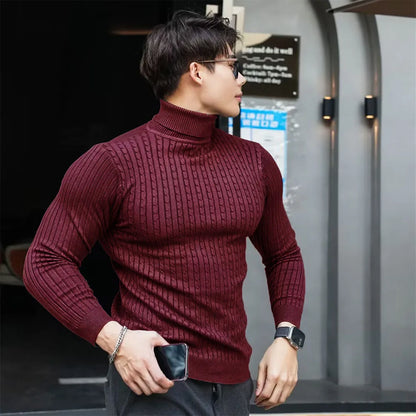 Nya mäns Turtleneck -tröjor Höststickad randig streetwear varm långärmad pullover fast färg Basic Style Casual Tops