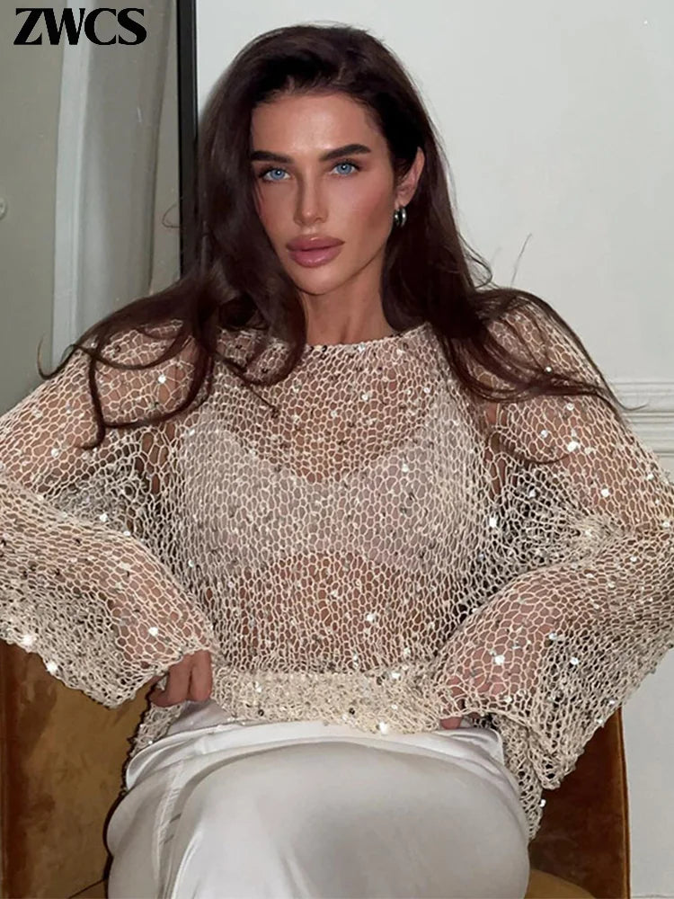 Lantejoulas de moda hollow out women women solt ar-pescoço de suéter comprido 2025 primavera nova senhora malhada camisa brilhante tops streetwear