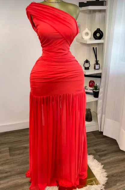 Stilvoller Abend sexy Club Party Urlaub Maxikleid für Frauen elegant schief hals ein ärm von schulter messch schlitz long kleider