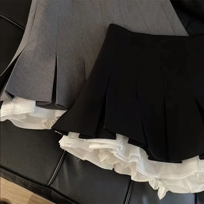 Mooyufon ruffles svart minikjol kvinnor koreanska lapptäcke veckade kjolar japanska kawaii hög midja alla matchar en linjekjol ny