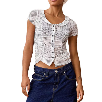 Women Short Sleeve Shirts Dot Print Doll Collar Button Down Blouses Summer Casual Tops Streetwear