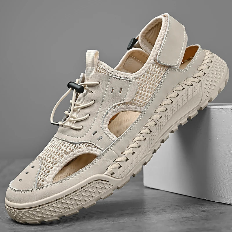 Sandals men's tide summer new style leather toe cap outdoor leisure sports hollow sandals beach shoes Handmade mesh men shoes