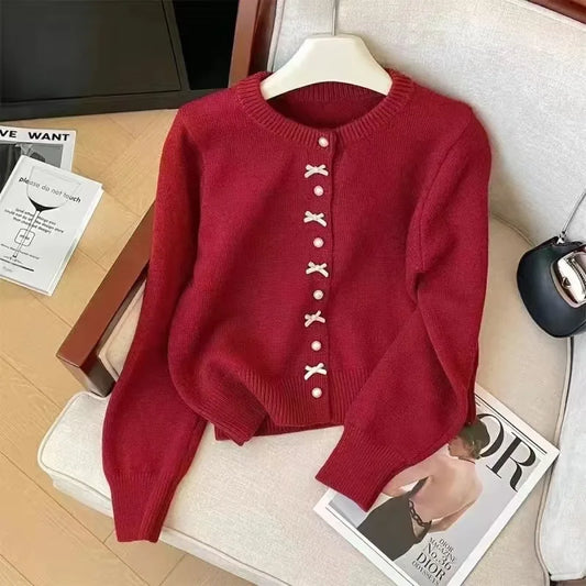 Cute Sweet Bow Pearl Buttons Loose Sweater Women Korean Preppy Style Autumn Spring Long Sleeve O Neck Knitted Cardigans Coats