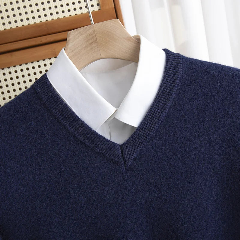 Men 100% Merino Wool Sweater V-Neck Pullover Autumn Winter Cashmere Warm Solid Knitwear Clothes Business Bottoming Soft Tops