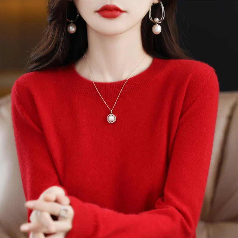 100% pure wool cashmere sweater women's O-neck pullover casual knitted coat autumn and winter women's coat basic 18 colors