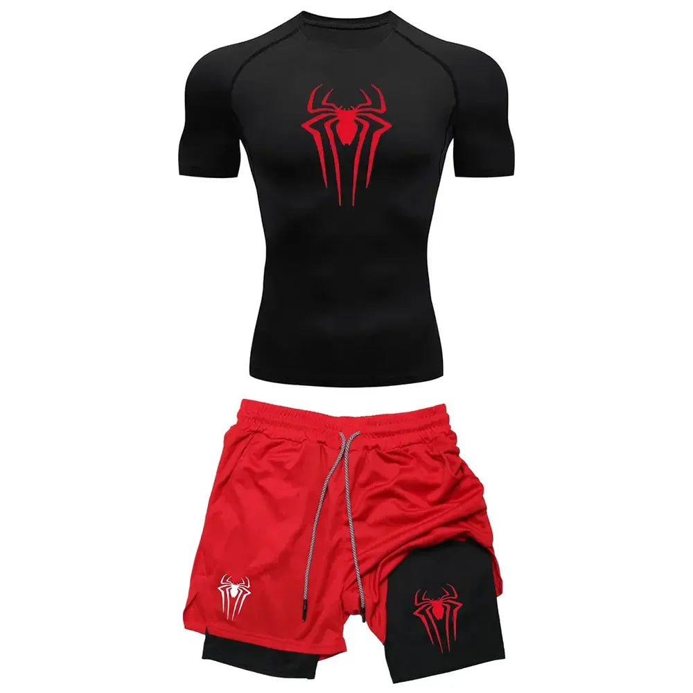 Herrträningskomprimering set y2k spindel tryckt gym tshirts andningsbara löpning shorts snabb torr sport utslag skydd sportkläder set