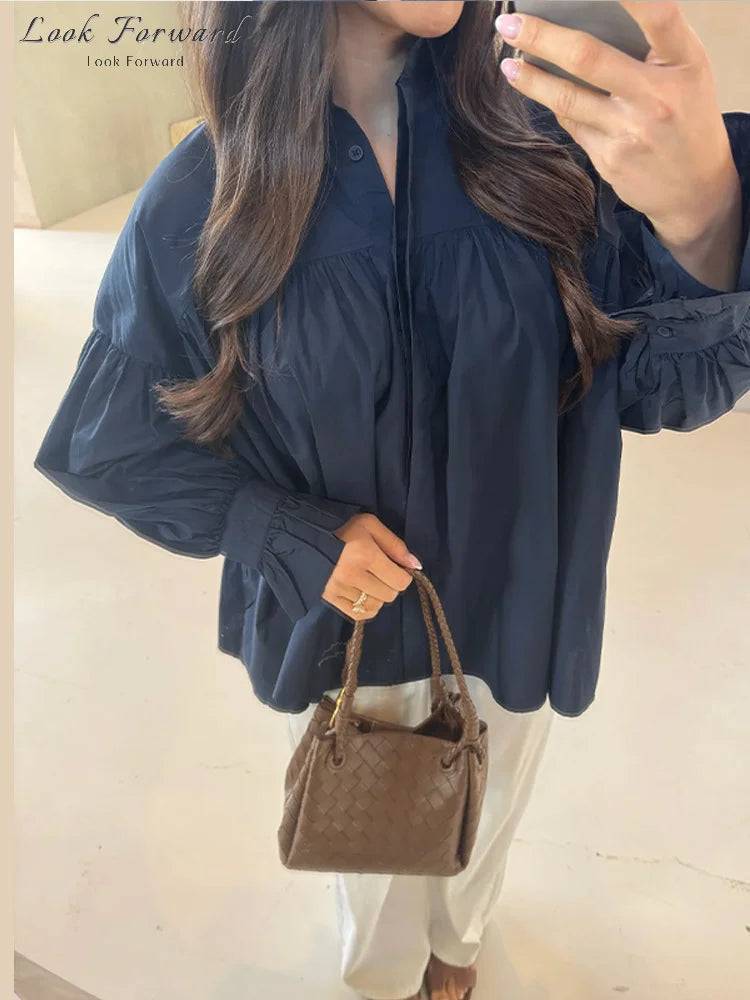 Casual Shirts Women Loose Lantern Sleeve Buttons Turn-Down Collar Pleated Blouse Lady Spring Summer Green Shirts Woman All-match