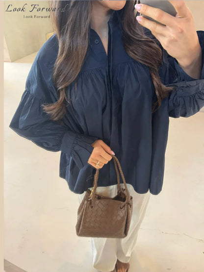Casual Shirts Women Loose Lantern Sleeve Buttons Turn-Down Collar Pleated Blouse Lady Spring Summer Green Shirts Woman All-match
