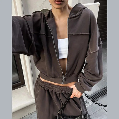 DSMTRC Autumn Winter Outfits High Street Lady Brown Suit Zipper Full Sleeve Hoodies+Low Waist Pants 2Pcs Tracksuit for Woman New