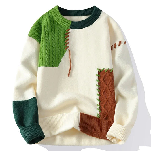 Men Juques de punto suéter Patchwork o Cuella de cuello empalmado Jumper de manga larga Ligera Estándar Estándar 2024 Casual