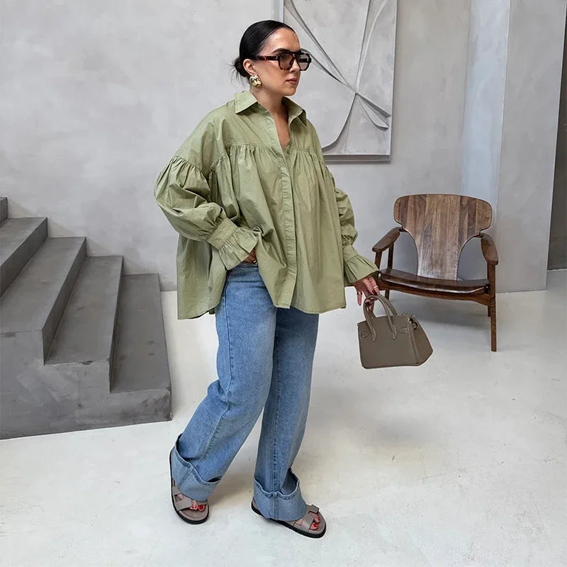 Casual Shirts Women Loose Lantern Sleeve Buttons Turn-Down Collar Pleated Blouse Lady Spring Summer Green Shirts Woman All-match