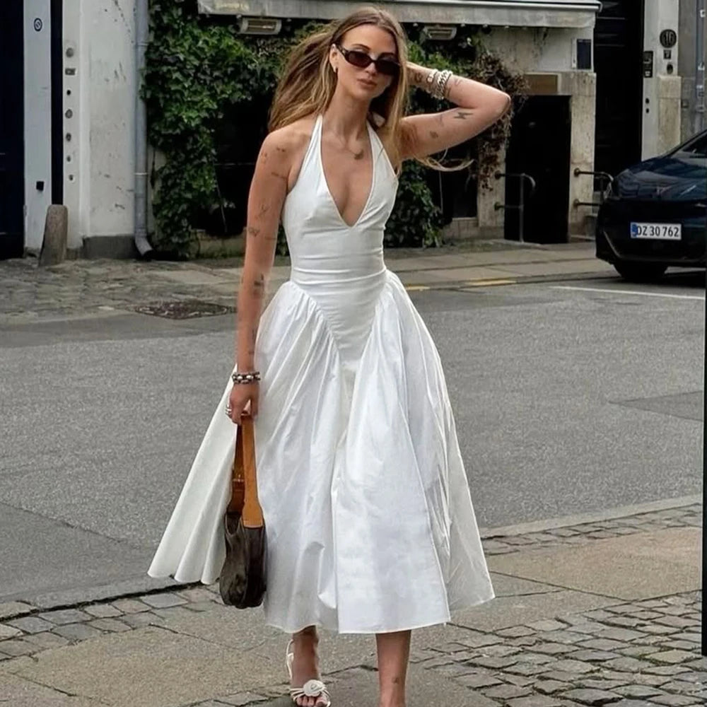 Talenza Backless Deep V Spliced Long Dress Summer Women's Sexy Party Kjole Halter Ny mode Slim hvid ærmeløs lang kjole