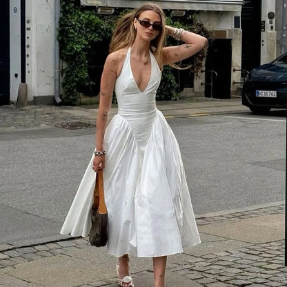 Talenza Backless Deep V Spliced Long Dress Summer Women's Sexy Party Kjole Halter Ny mode Slim hvid ærmeløs lang kjole