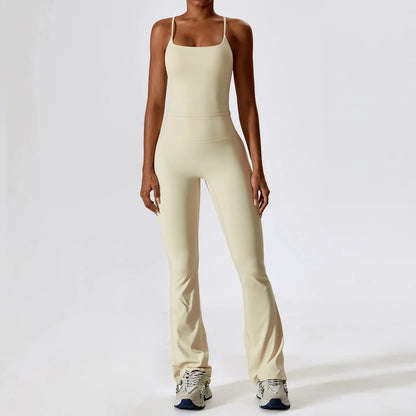 Women Tracksuit Gym Yoga Suit 2PCS Tight Fitting Sports Set Workout Breathable T Shirts Bra Tank Top Loose Bell-bottoms Leggings