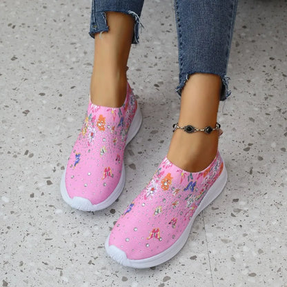 Nýir kvenkyns strigaskór andar hlaupaskór fyrir konur prenta Rhinestone frjálslegur íþróttaskór úti gangandi skór tenis de mujer