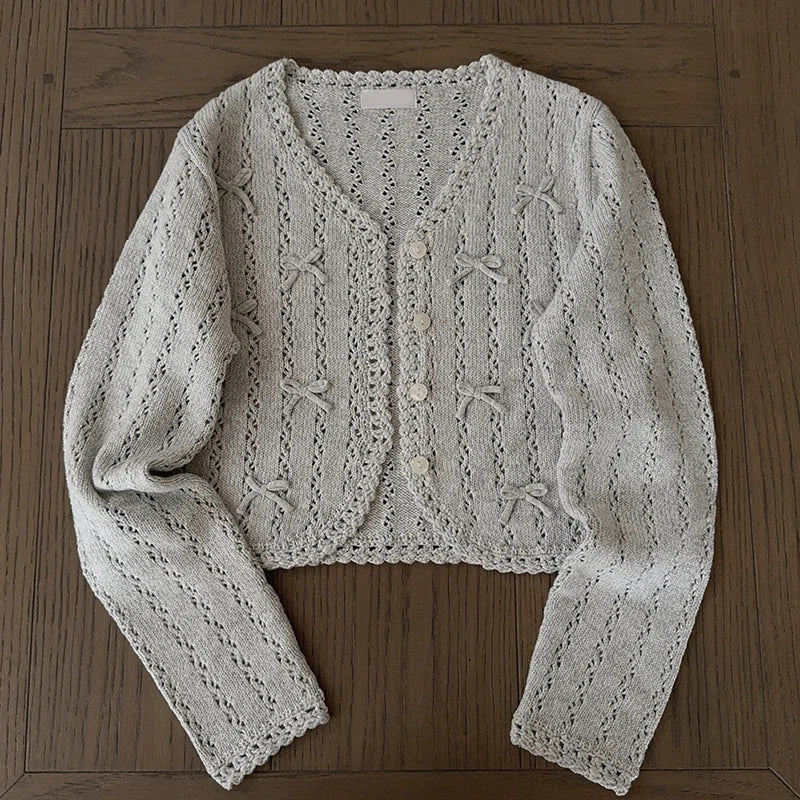 Cardigans de malha doces Mulheres Mão de Crochê Decoração do Coração Hollow Out suéteres para garotas de Kawaii