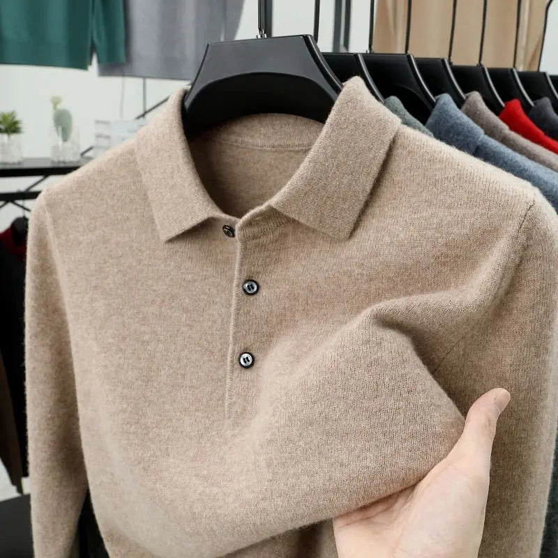 Älykäs rento syksyn talvipaita miehet Solid Lapel Button Simplicity Muoti Ylellinen pitkähihainen pullovers -neulotut topit
