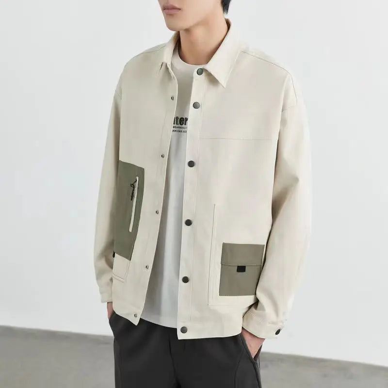 Ráncellenes finomszőtt twill férfi gallér dzseki tavaszi őszi trend enyhén laza patchwork munkaruhák alkalmi kabát