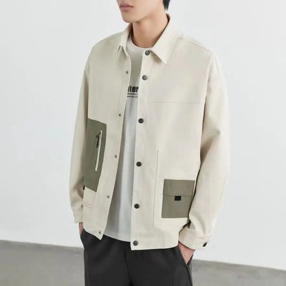 Ráncellenes finomszőtt twill férfi gallér dzseki tavaszi őszi trend enyhén laza patchwork munkaruhák alkalmi kabát